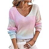 SHENHE Women's V Neck Sweater Long Sleeve Ombre Lightweight Knit Fall Sweater Pullover