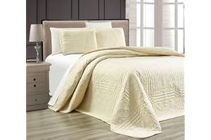 GRAND LINEN 3-Piece Beige Oversize Queen Stella Grande Bedspread Embossed Victorian Style Quilt Set 106 inch Wide by 100 Inch Long