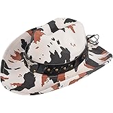 QZUnique Cow Print Cowboy Hat - Women Men Cowgirl Hat with Detachable Decorative Strip, Girl Boy Black White Brown Hat, Party Outfits