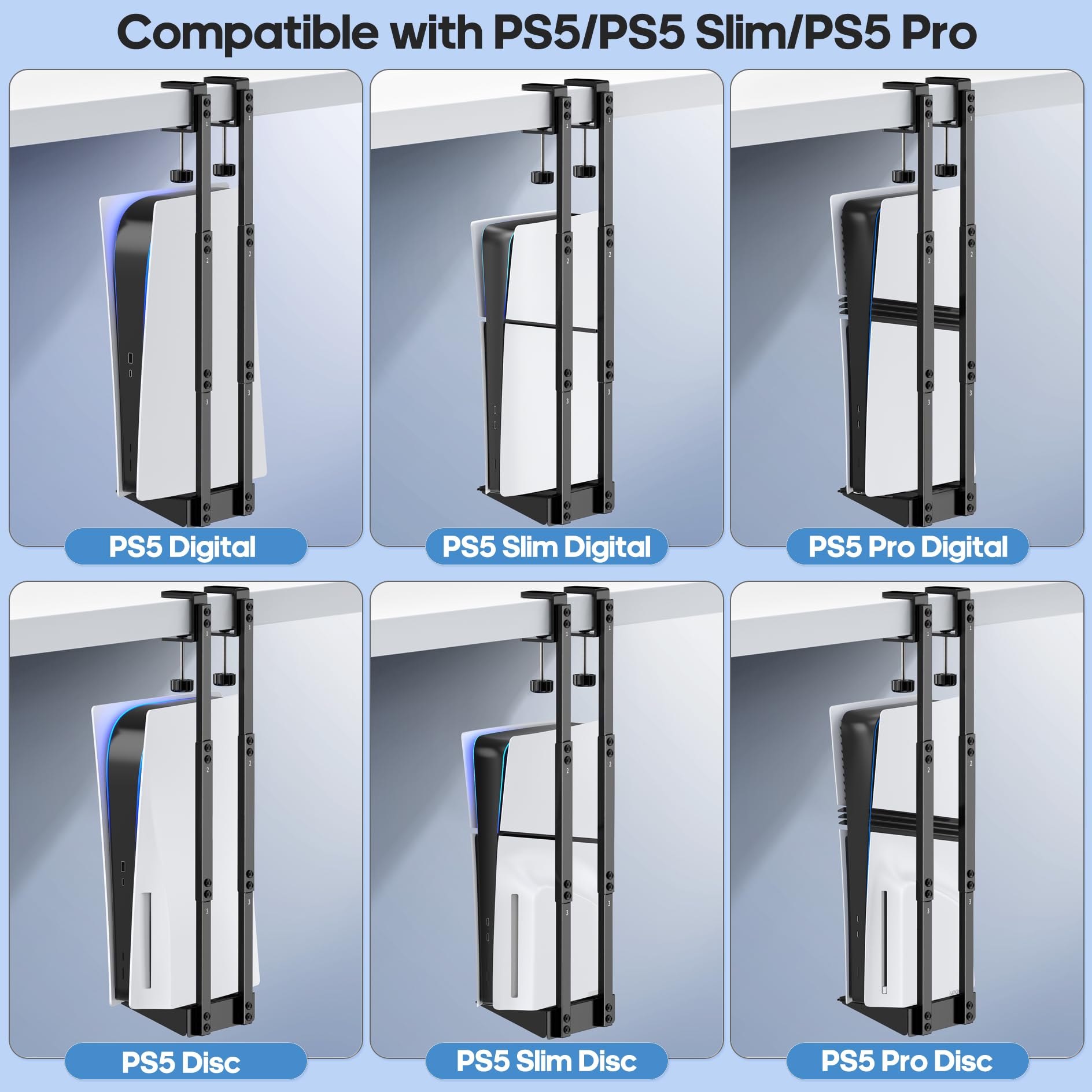 PS5 Supporto Sotto la Scrivania Verticale per PS5/ PS5 Slim/ PS5 Pro, Supporto Sotto Tavolo PS5 per Versioni PS5 Disc & Digital, Accessori Salvaspazio per PS5 Sotto la Scrivania e per lo Stoccaggio 2