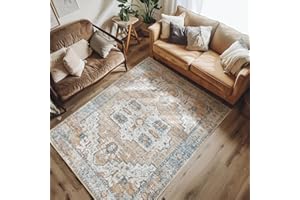 jinchan Washable Area Rug 4x6 Low Pile Rug Bohemian Tribal Bedroom Rug Stain Resistant Ultra-Thin Non-Slip Distressed Carpet Living Room Dining Room Kitchen Farmhouse Orange