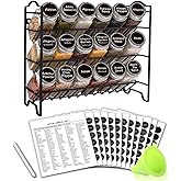 SWOMMOLY Spice Rack Organizer with 18 Empty Square Spice Jars, 396 Spice Labels with Chalk Marker and Funnel Complete Set, Spice Organizer for Countertop, Cabinet or Wall Mount, Black