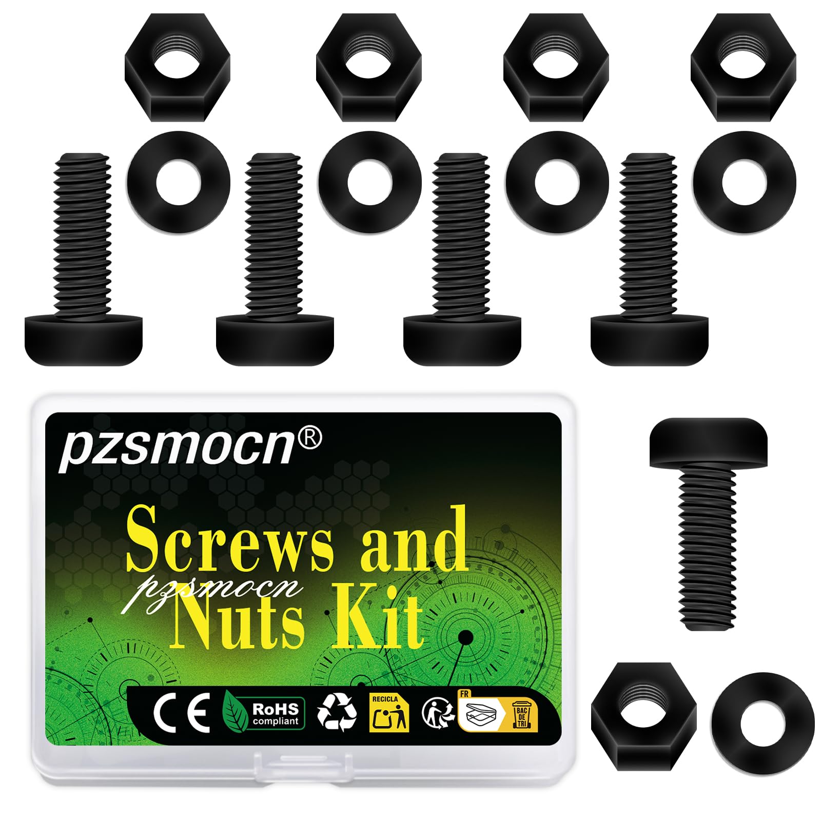 Pzsmocn 300 Pieces/100 Sets M3*12 mm Plastic Black Nylon Cross Round Head Screw Hexagonal Nut Combination Kit, with Insulating Washers, Standard Size, For DIY and Electronic Assembly. — image 1