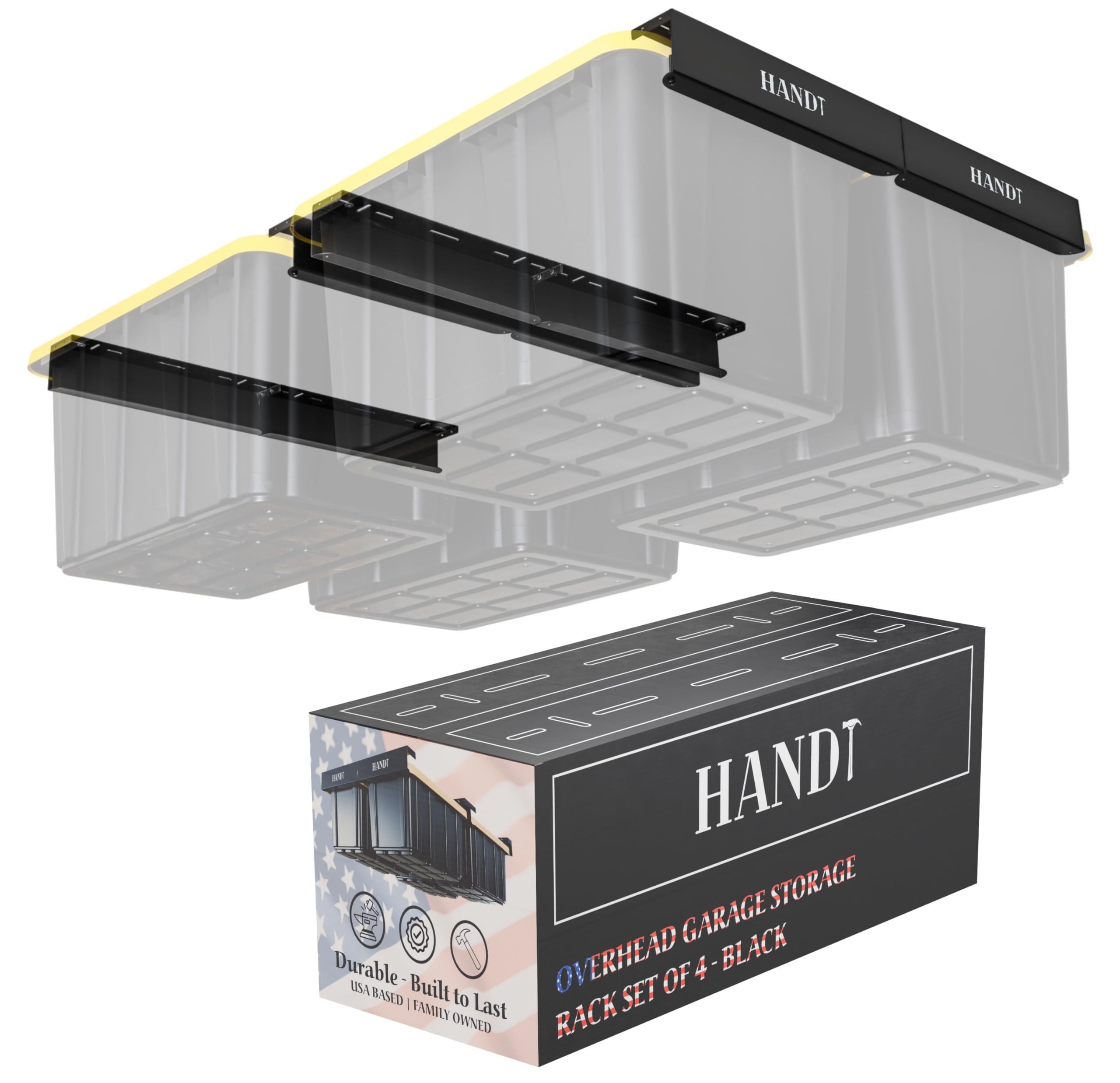 Photo 1 of HandT USA Based Overhead Garage Storage Rack, Ceiling Tote Bin Organization Rails Shelving Racks System, Heavy Duty Hanging Metal Rack Systems for 27 Gallon Container, Supports Most Bins, 4 Sets Black