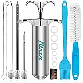 Marinade Injector Syringe Kit & Brush Set, Stainless Steel Meat Injector with 3 Professional Needles, 2-oz Large Capacity, Creates Tender Meat & Poultry Flavor, for BBQ Grill Smoker & Turkey & Brisket