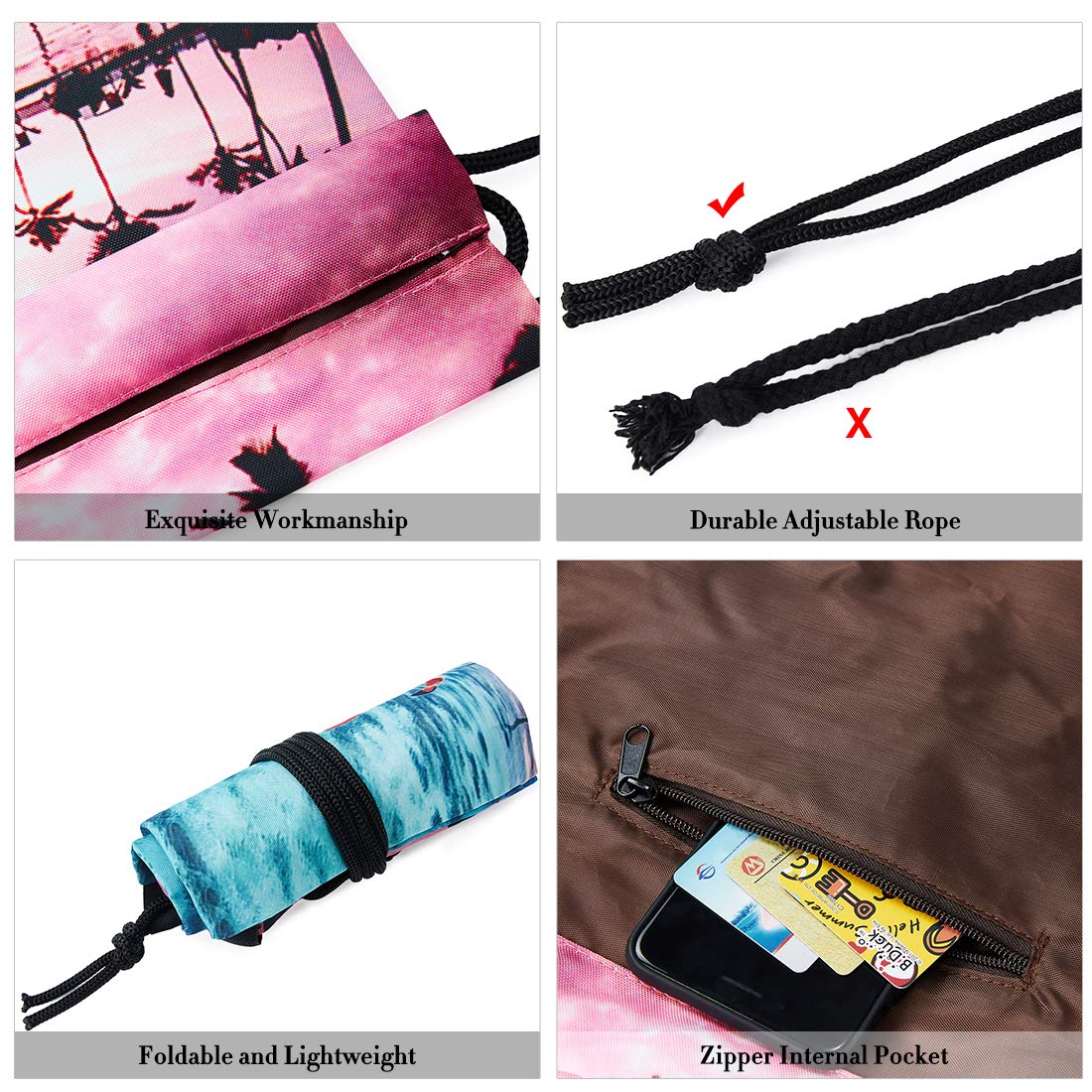 TUONROAD Childrens Travel Hiking School Drawstring Backpack 3d Custom Prints Lightweight Vacation Holiday Beach Theme Palm Tree Pink Flamingo Light Blue Seawater Sunset Glow Cute String Sack Pack