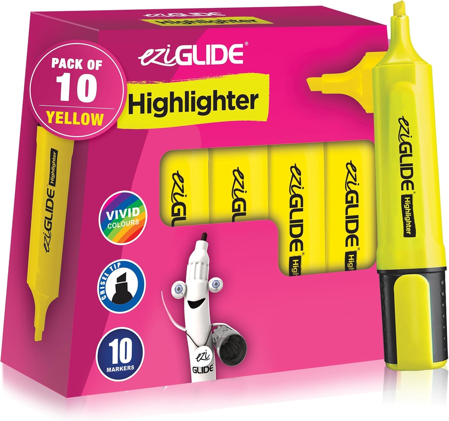 Eziglide 10-Pack Yellow Highlighters Pens – Chisel Tip Highlighter Pens (1-4.5mm) for Smooth & Clear Marking - Ideal for Highlighting, Studying & Colouring at Work, & Home Use