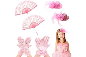 Auidy_6TXD 6 Pieces Girls Tea Party Supplies, Lace Floral Folding Hand Fans, Clip on Party Hats, Satin and Lace Gloves for Girls Tea Party Decor
