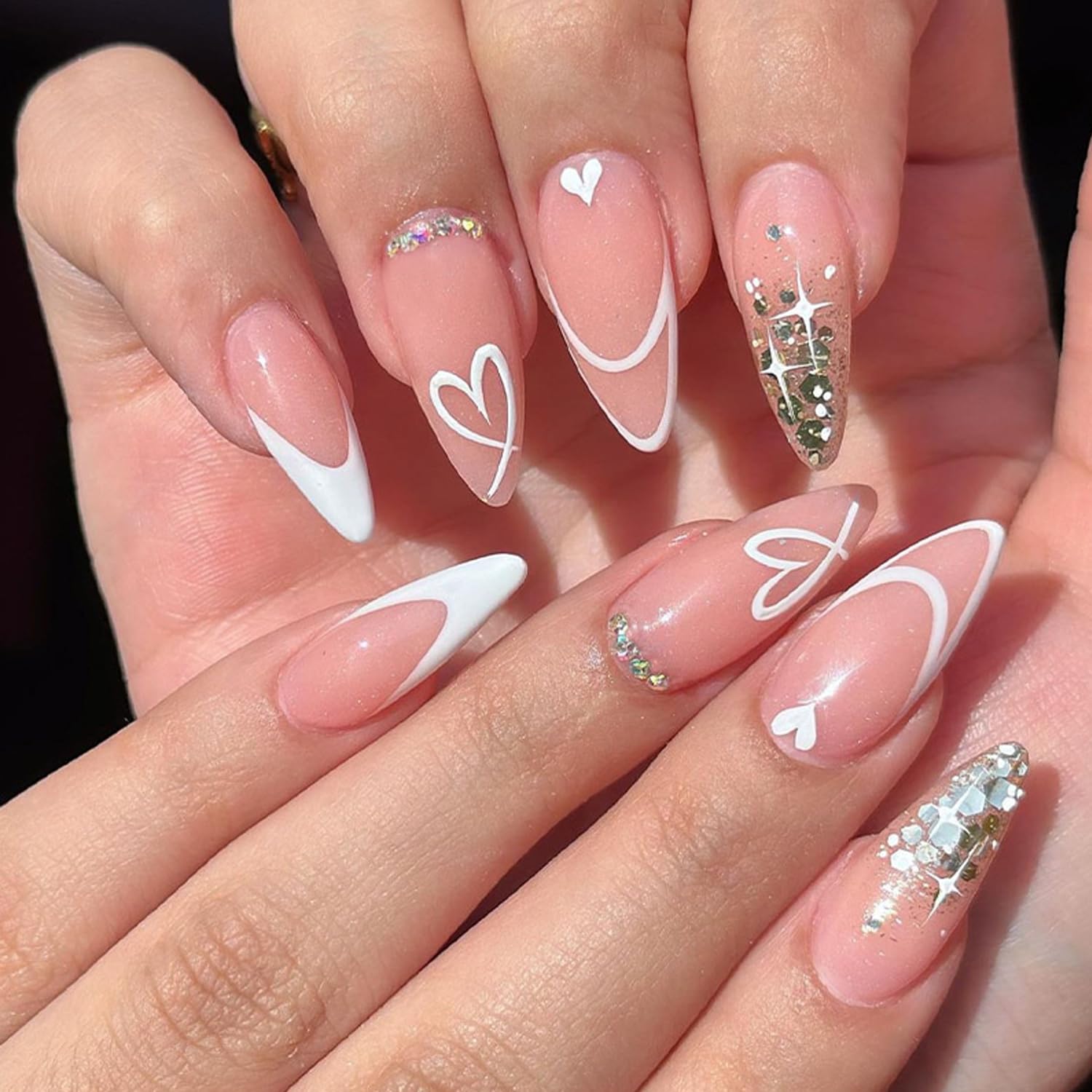 24PCS Valentines Day Press on Nails with White French Valentine's Love Heart Sparkling Glitter Heart False Nails Design Press ons Medium Almond Rhinestone Nails Valentine's Day for Women Girls