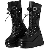 Tscoyuki Womens Goth Platform Boots Chunky Wedge Heel Rave Combat Boots Lace Up and Zipper Round Toe Mid Calf Boot for Concert Festival