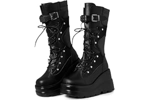 Tscoyuki Womens Goth Platform Boots Chunky Wedge Heel Rave Combat Boots Lace Up and Zipper Round Toe Mid Calf Boot for Concert Festival