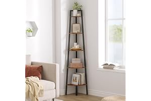 Hoctieon Corner Shelf, 5-Tier Corner Bookshelf, Rustic Ladder Shelf, Industrial Display Stand for Living Room, Kitchen, Home Office, Balcony, Small Space, Metal Frame, Rustic Brown