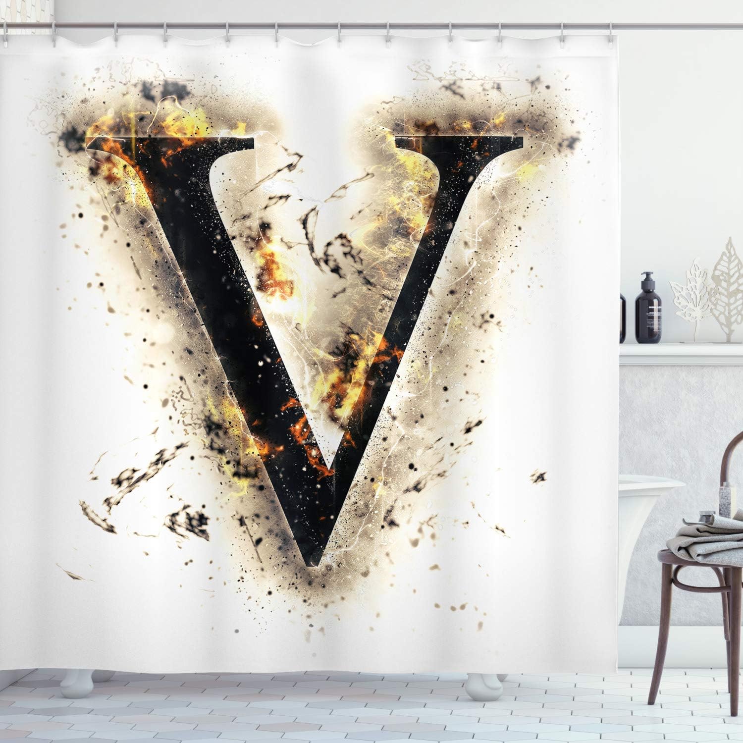Amazon Com Ambesonne Letter V Shower Curtain V Shape Fire Burning Cool Letter Design Hot Alphabet Image Digital Artwork Fabric Bathroom Decor Set With Hooks 84 Long Extra Tan Black Orange Home