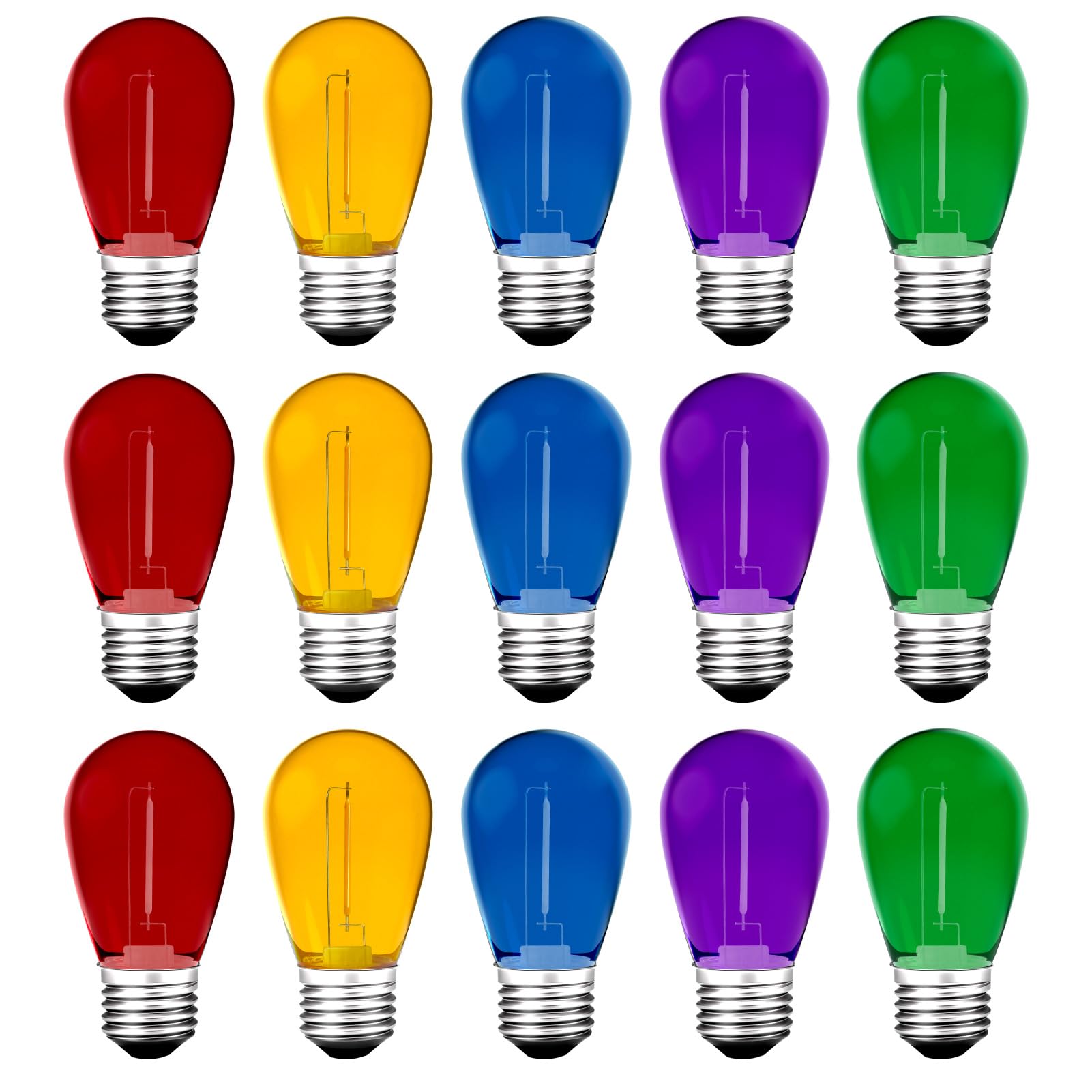 Photo 1 of Meconard 15Pack S14 Colored LED String Light Bulbs,1 Watt Plastic Shatterproof Waterproof Outdoor Indoor Replacement Bulbs for Home Decor, E26 Medium Base, Multi-Color: Red/Green/Blue/Orange/Purple