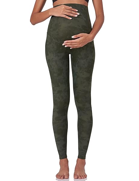 POSHDIVAH MATERNITY LEGGINGS FOR WOMEN PRINT OVER THE BELLY PREGNANCY WORKOUT ACTIVE COMFORTABLE PANTS OLIVE TIE-DYE MEDIUM