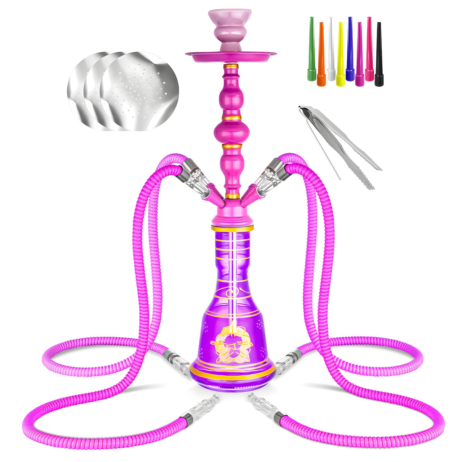 Photo 1 of 21'' Hookah Set 4 Hose Hookah Set With Everything, Glass Vase, Ceramic Bowl, Coal Tong, Leather Hose, Hookah Foil, Disposable Hookah Tips (Purple)