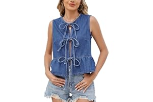 Womens Summer Cropped Denim Vest Tie Bow Front Western Jean Vest Top Sleeveless Jean Jacket
