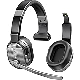 COSMUSIS Trucker Bluetooth Headset, Wireless Headsets with Noise Cancelling Microphone, 50+Hrs HD Talktime Bluetooth Headphones with Detachable Earpad/Single+Dual Mode for Office/Driving/Home (Silver)