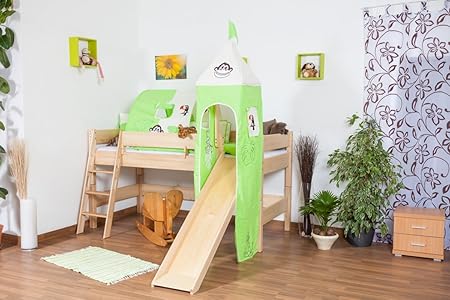 Kinderbett Hochbett Tom mit Rutsche und Turm inkl. Rollrost - Material: Buche massiv natur, Farbe: klar lackiert
