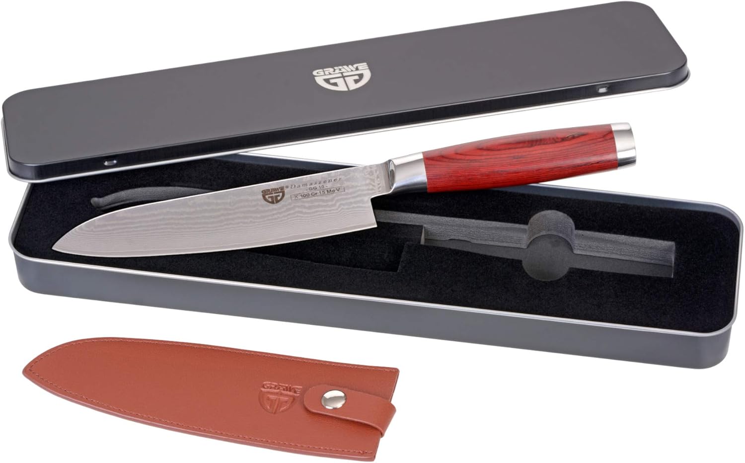 GRÄWE Damastmesser aus Damaststahl, groß, 17,5 cm Klinge, scharf, Damaszener Santokumesser mit Holzgriff, Damast Küchenmesser in Geschenkbox