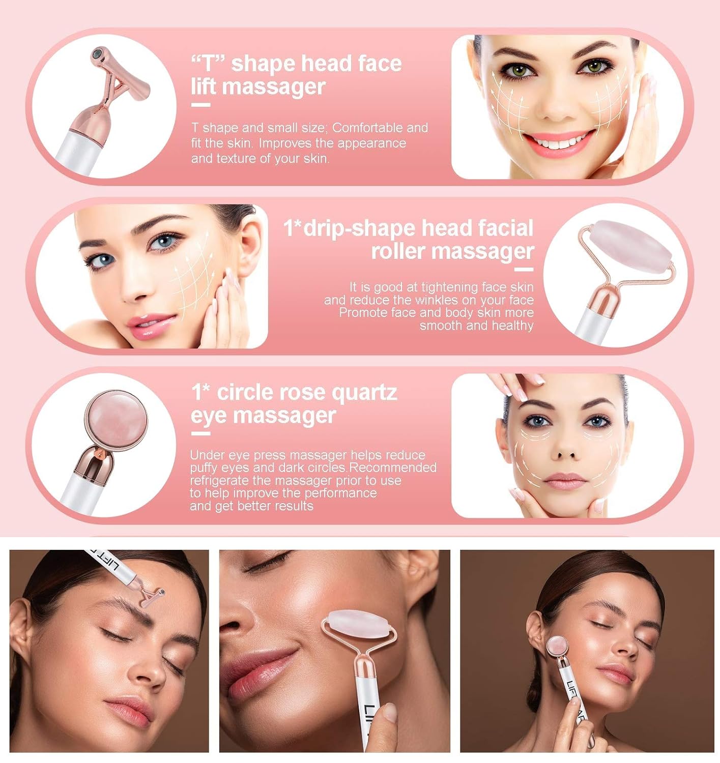 Rose Quartz Lift Bar 3-In-1 Facial Roller Instant Face lift w/Hematite Stone, Skin Tightening, Face Firming, Anti Wrinkles, eliminate dark circles, 24k Beauty Bar Face Massager Anti Aging Device: Beauty