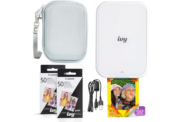 Canon Ivy 2 Mini Photo Printer (Pure White) - Bluetooth, Print from iOS & Android Devices, Bundle Incl. 110 Zink Sticky-Back Prints, LED Light Bar, Protective Case, and USB Cable