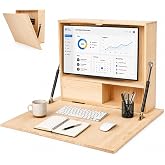 GYHPD 31 Inch Wall Mounted Folding Desk with Storage &amp; Monitor Mount, Floating Fold Down Desk with Dual Gas Struts, Lockable Space Saving Desk, 200 lb Capacity for Home Office, Bedroom and Apartments