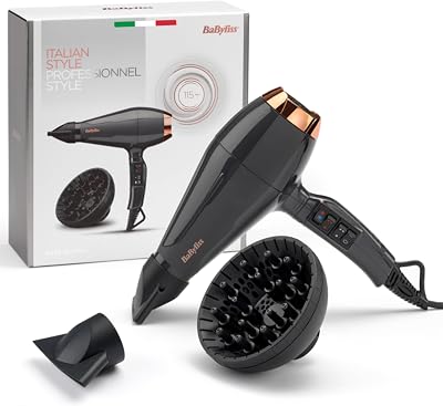 Asciugacapelli MADE IN ITALY Air Pro, Motore AC Phon Capelli Professionale, 2200W, Diffusore Capelli Ricci, funzione anti-crespo, 2 velocità - 2 impostazioni di calore, nero, 6719DE