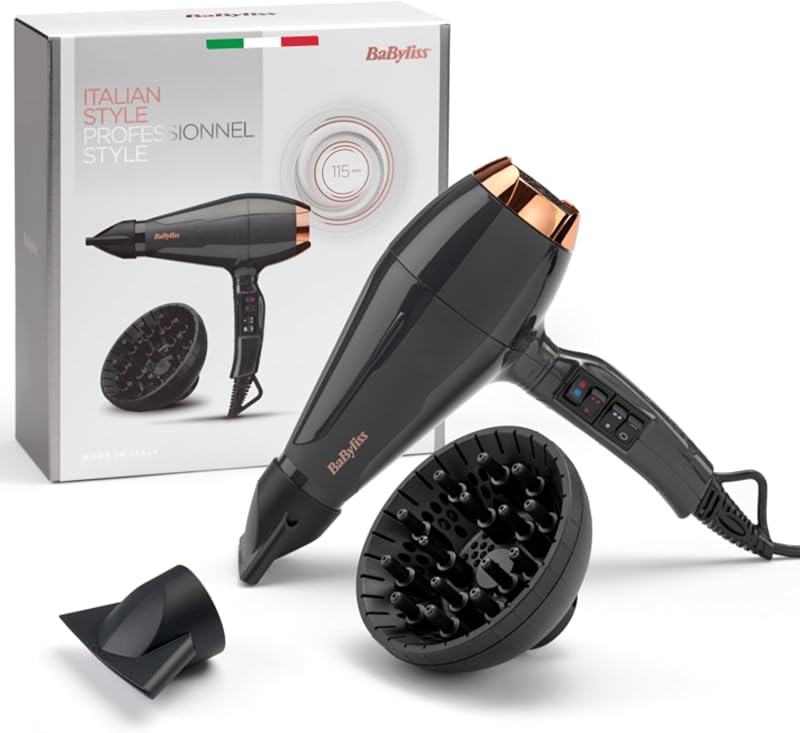 Asciugacapelli MADE IN ITALY Air Pro, Motore AC Phon Capelli Professionale, 2200W, Diffusore Capelli Ricci, funzione anti-crespo, 2 velocità - 2 impostazioni di calore, nero, 6719DE