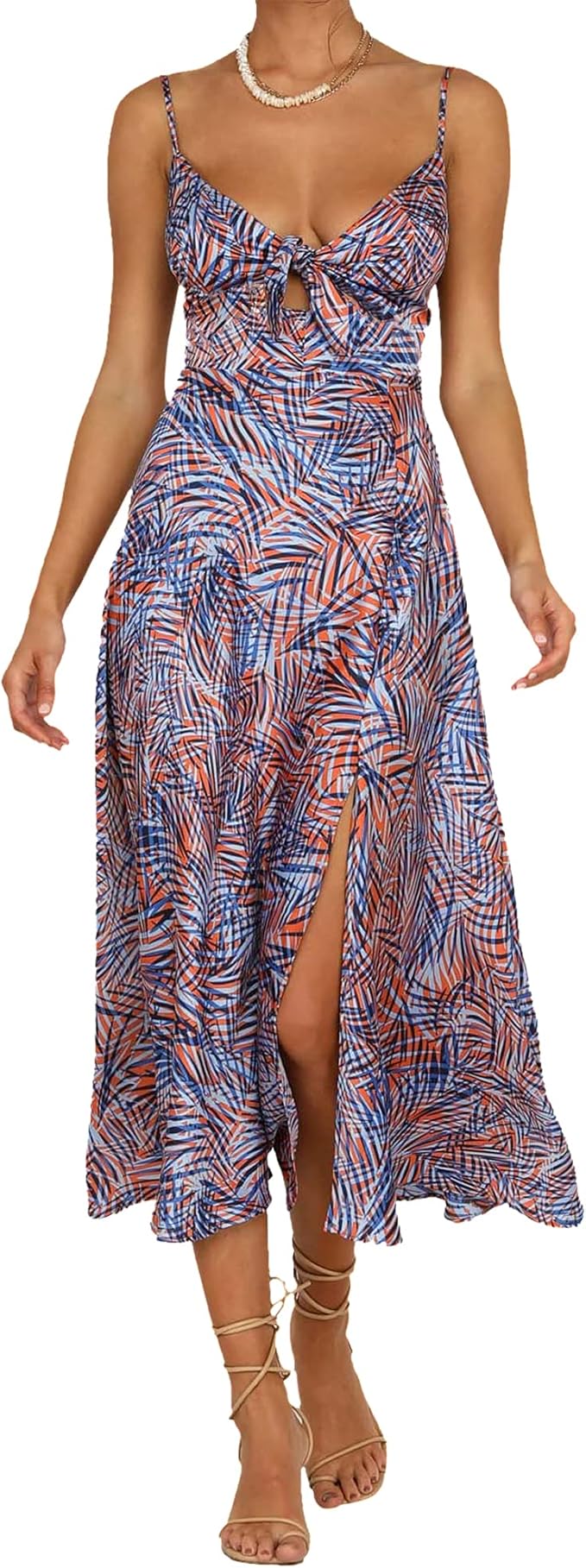 Women Spaghetti Strap Midi Satin Dresses Tie Front Backless Split Hollow Dress