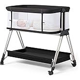 Fodoss Baby Bassinet Bedside Sleeper with Wheels and Storage Tray,4-Sided Mesh Bedside Bassinet for Infant/Newborn,7 Height Adjustable Easy Folding Bedside Crib