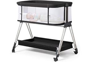 Fodoss Baby Bassinet Bedside Sleeper with Wheels and Storage Tray,4-Sided Mesh Bedside Bassinet for Infant/Newborn,7 Height Adjustable Easy Folding Bedside Crib