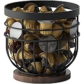 SODSAI Coffee Pod Holder with Wooden Base, Metal Wire Basket K-Cup Organizer, Black Iron, Holds Up to 40 Pods