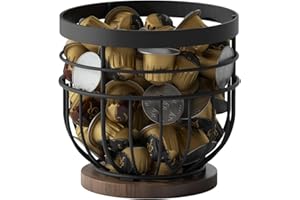 SODSAI Coffee Pod Holder with Wooden Base, Metal Wire Basket K-Cup Organizer, Black Iron, Holds Up to 40 Pods