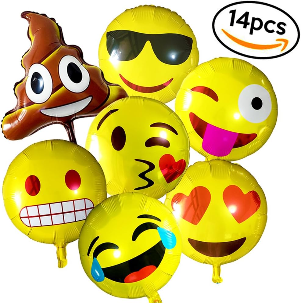 WunWun Reusable Emoji Mylar Party Balloons - Variety Set of 12 18" Helium Emoji Balloons - Perfect Emoji Face Foil Balloons for Birthday Decorations - Unique Yellow Emoji Decorations for any Party