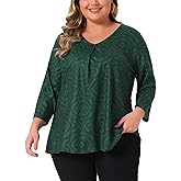 Agnes Orinda Plus Size Womens V Neck 3/4 Elbow Sleeve Top Botanical Print Blouse Tunic t Shirt Tops Casual Dressy