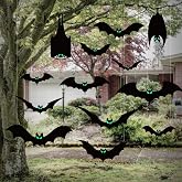 13 PCS Hanging Bats Halloween Decoration Outdoor Halloween Bats Indoor | Black Plastic Bats with Glowing Eyes Different Size Flying Bats Halloween Decor Hanging in the Tree, Porch, Yard, Lawn
