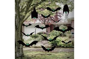 ZMCINER 13 PCS Hanging Bats Halloween Decoration Outdoor Black Plastic Bats with Glowing Eyes Different Size Flying Bats Halloween Decor Hanging in The Tree, Porch, Yard, Lawn, Indoor