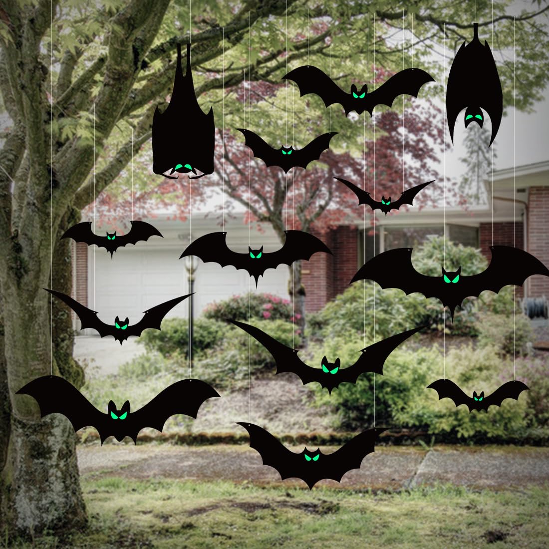 Photo 1 of 13 PCS Hanging Bats Halloween Decoration Outdoor Black Plastic Bats with Glowing Eyes Different Size Flying Bats Halloween Decor Hanging in The Tree, Porch, Yard, Lawn, Indoor