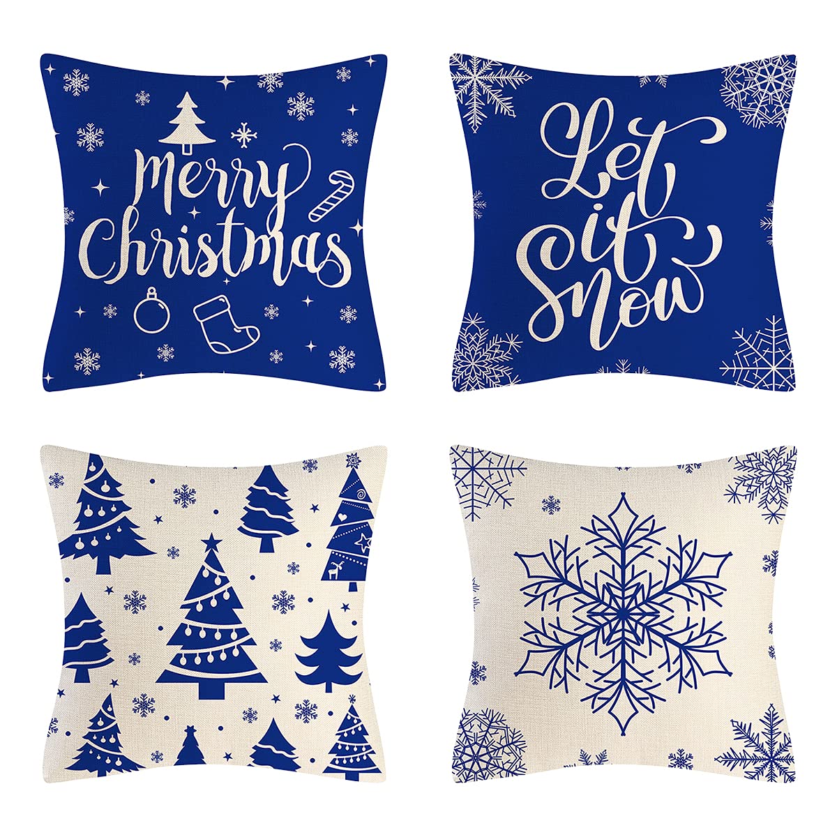 Keyohome Pack of 4 Christmas Cushion Covers, 18x18inch Merry Christmas Pillow Case, Let It Snow Decorative Pillowcase, Xmas Holiday Farmhouse Home Bedroom Decorative Cushion(Blue)