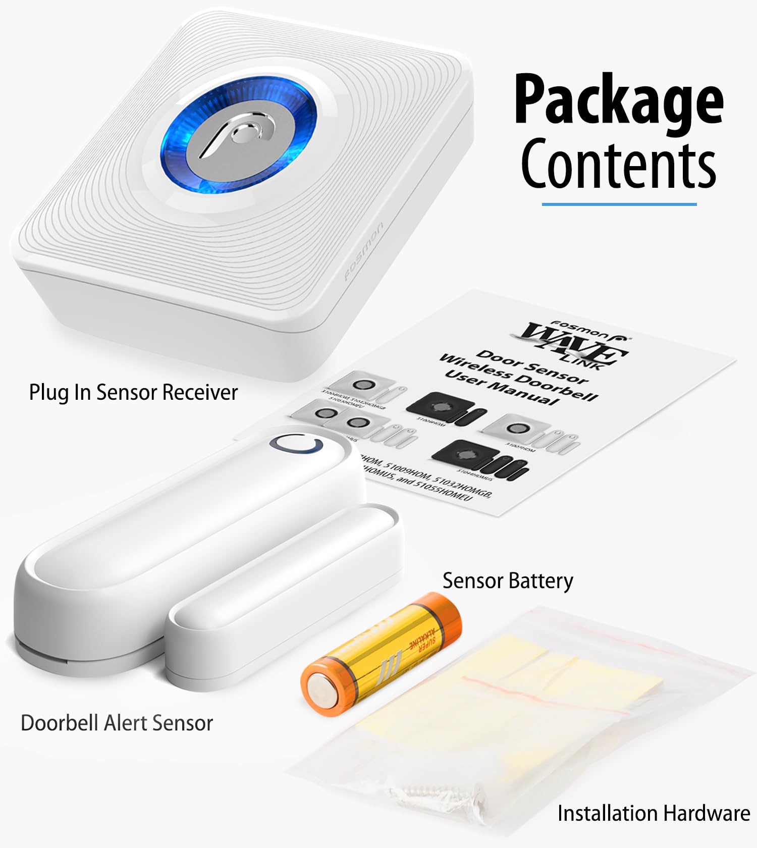 Fosmon WaveLink Wireless Door Chime with 500 Feet Range, 58 Tunes, 5 Volume Levels & LED Indicators for Home/Business/Office (1 Receiver + 2 Sensors)