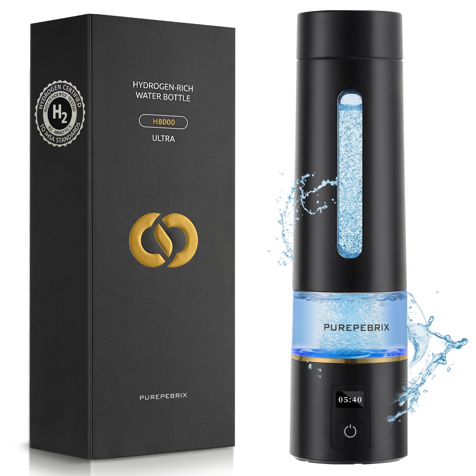Photo 1 of PUREPEBRIX Hydrogen Water Bottle Generator-Up to 8100 PPB Molecular Hydrogen, 12-Hour Hydrogen Retention, IHSA Certified SPE/PEM Tech, Portable Hydrogen Bottle, Healthy Gift (Black)