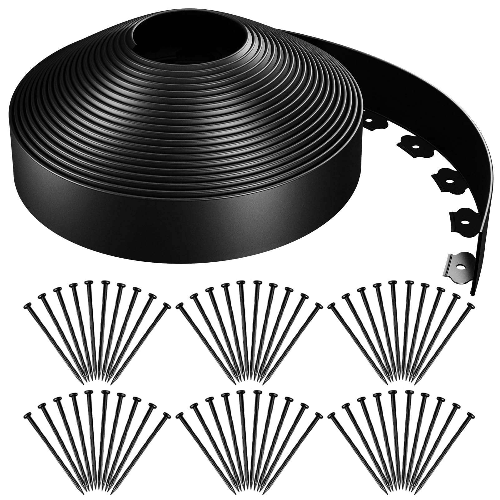 Photo 1 of (MISSING METAL STAKES) AGTEK 98FT Plastic Landscape Edging Kit 3inch Height No-Dig Garden Edging Border Lawn Edging Roll for Flower Bed Lawn Yard, Black, with 60 Anchoring Spikes