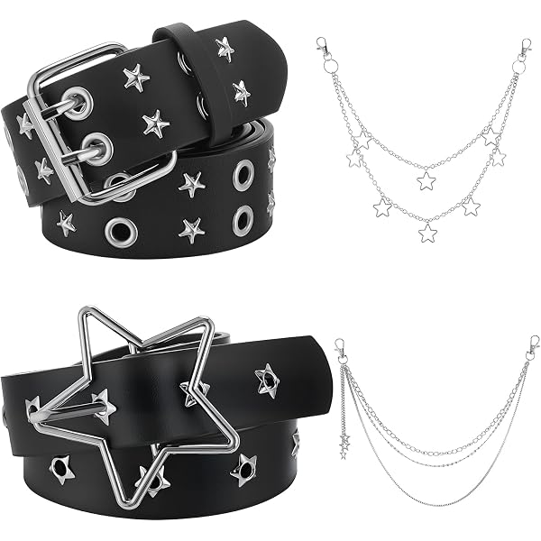 Y2K Star Studded Chain Belt Punk Goth Double Grommet Waist Chain for Jeans Pants HIYZI 3 Pcs Black Studded Y2K Belt Punk Star Gothic Rock  main image 3