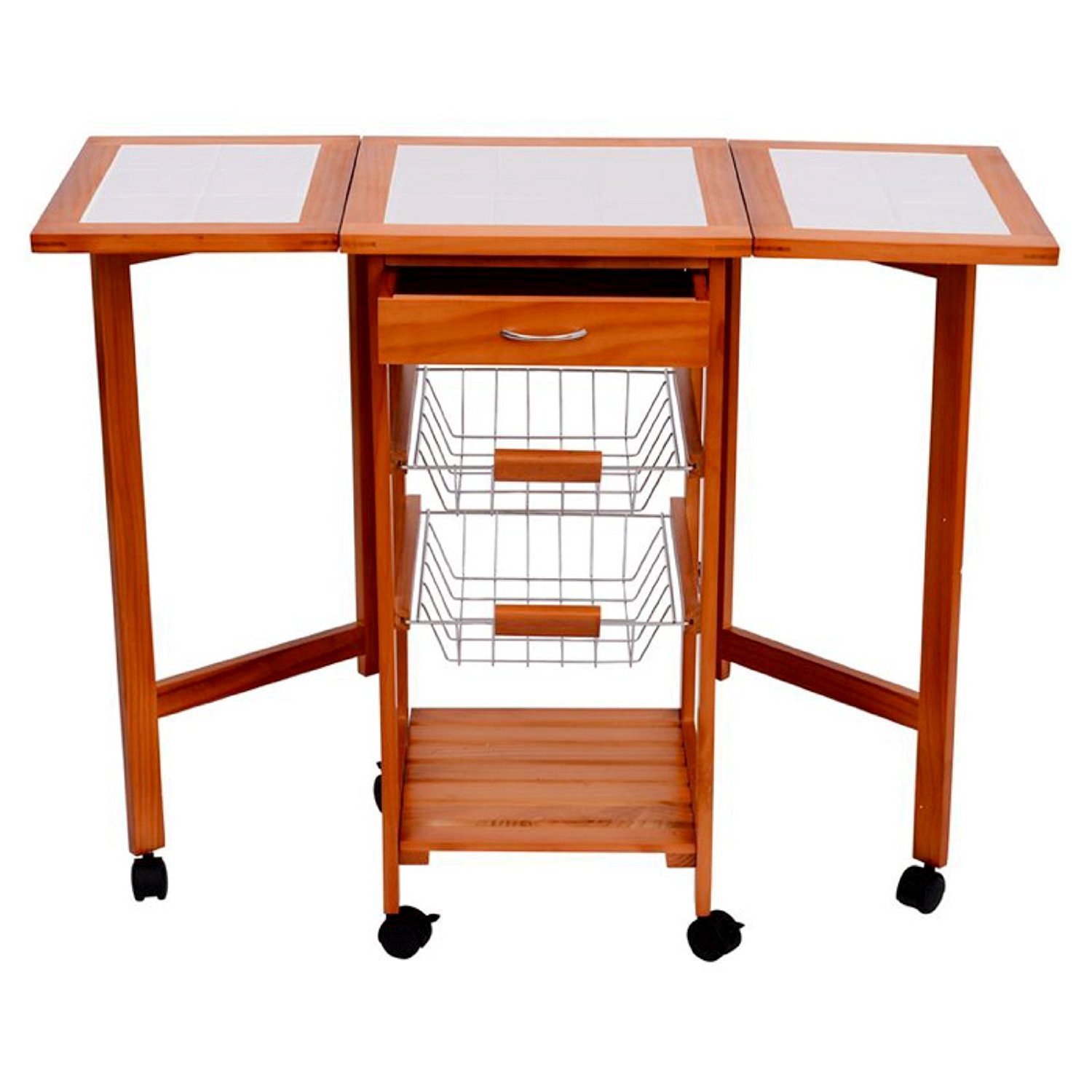 Tenive Wooden Folding Dining Trolley Portable Rolling Kitchen Trolley