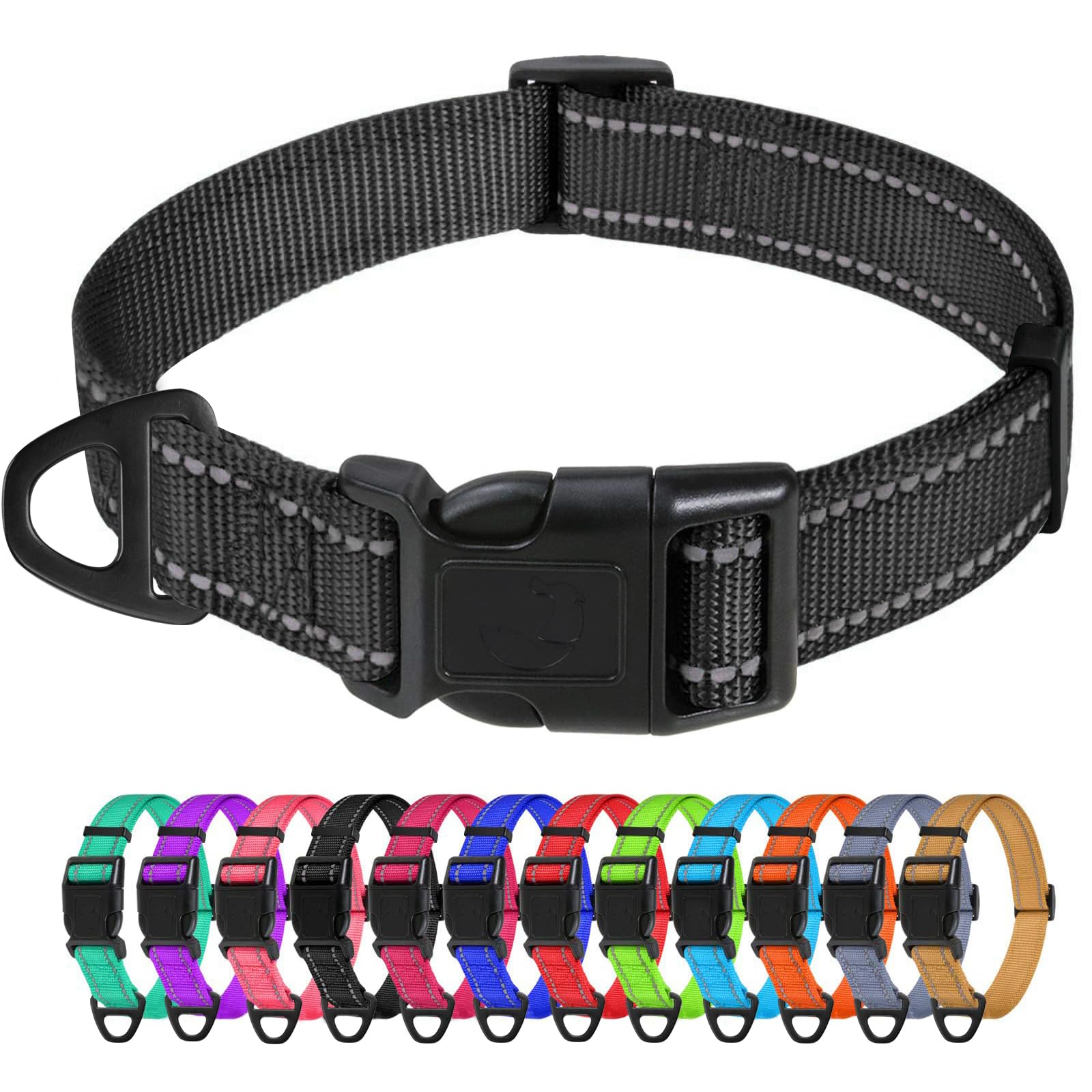 TagMe Reflective Nylon Dog Collars, Adjustable Classic Pet Collar with Quick Release Buckle for Medium Dogs, Black, 2.5 cm Width