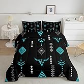 Erosebridal Bull Skull Comforter Set Queen Boho Horns Bedding Kids Ethnic Bohemian Bedding Comforter Sets Tribal Symbol Mysterious Aztec Room Decor Geometric Abstract Black Teal Duvet Insert