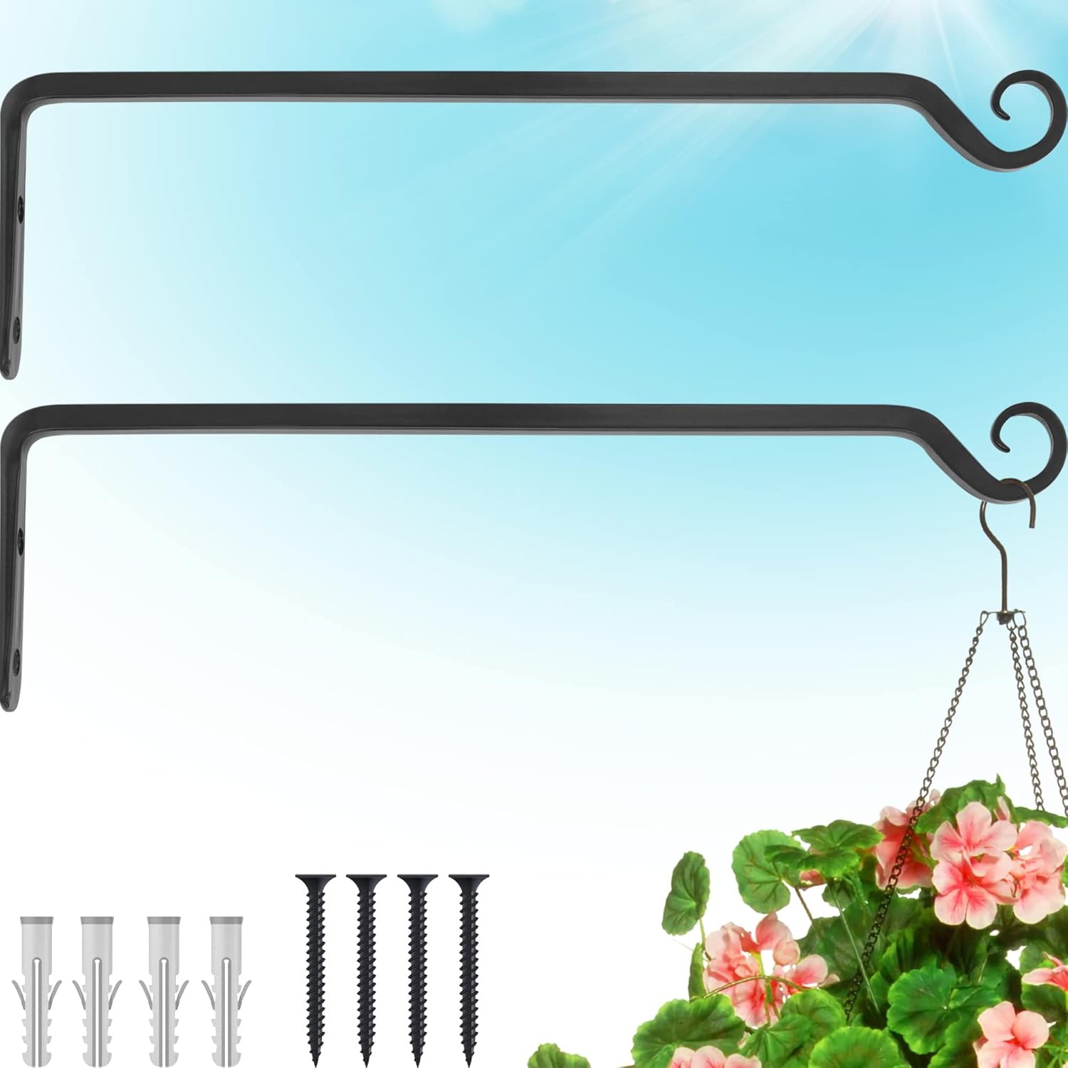 Outdoor Hanging Brackets - Gray Bunny 2 Pack Outdoor Plant Hanger Hook, 15” Hand Forged Straight Iron Wall Hooks for Bird Feeders, Lanterns, Wind Chimes, Patio Decor - Black