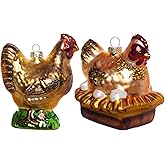 Set of 2 Hand Blown Glass Chicken Ornaments for Christmas Tree, Hanging Glass Chicken Christmas Ornaments