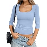 EasyGala Womens Cotton 3/4 Length Sleeve Shirts Square Neck Y2K Tee Basic Slim Fit Going Out Tops Spring Fashion Clothes